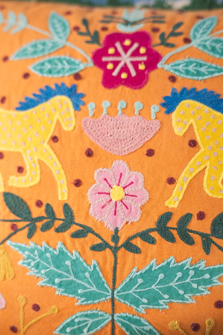 Artisan Applique and Embroidered Dancing Horses Fringe Cushion