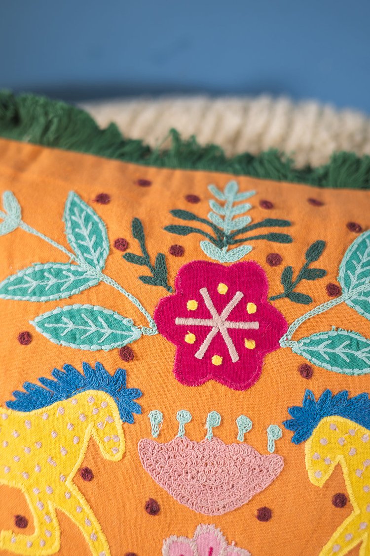 Artisan Applique and Embroidered Dancing Horses Fringe Cushion