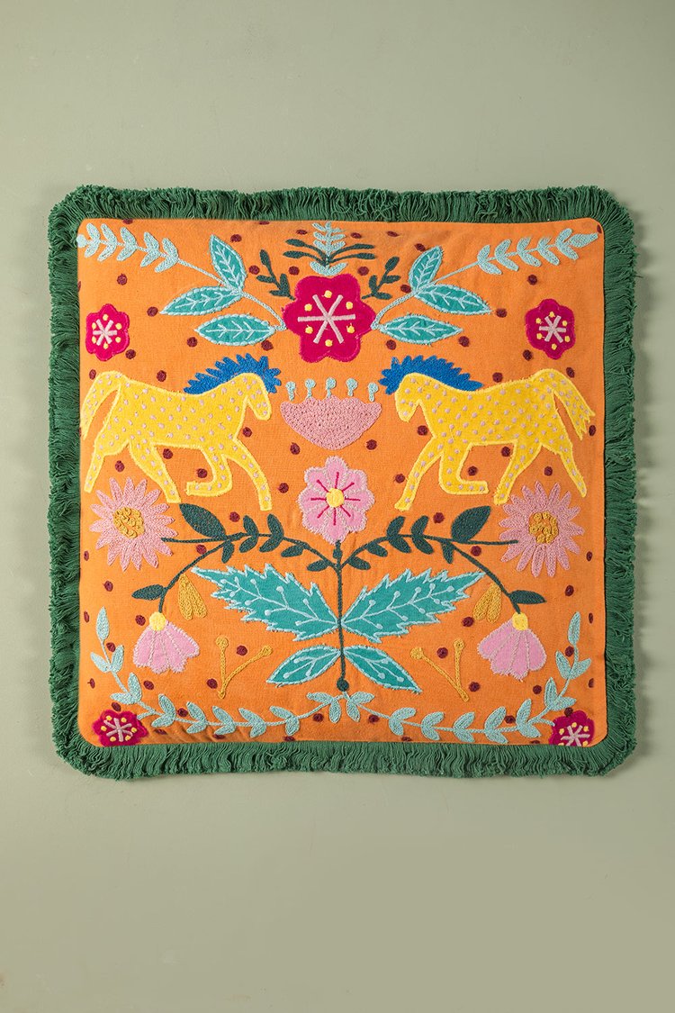 Artisan Applique and Embroidered Dancing Horses Fringe Cushion