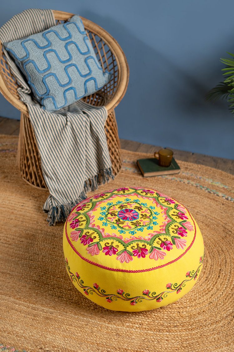 Artisan Yellow Embroidered Mandala Pouffe