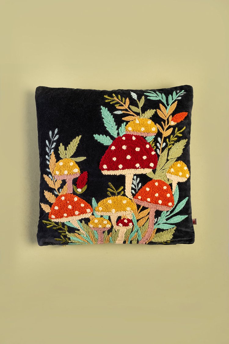 Artisan Black Embroidered Fly Agaric Toadstool Cushion