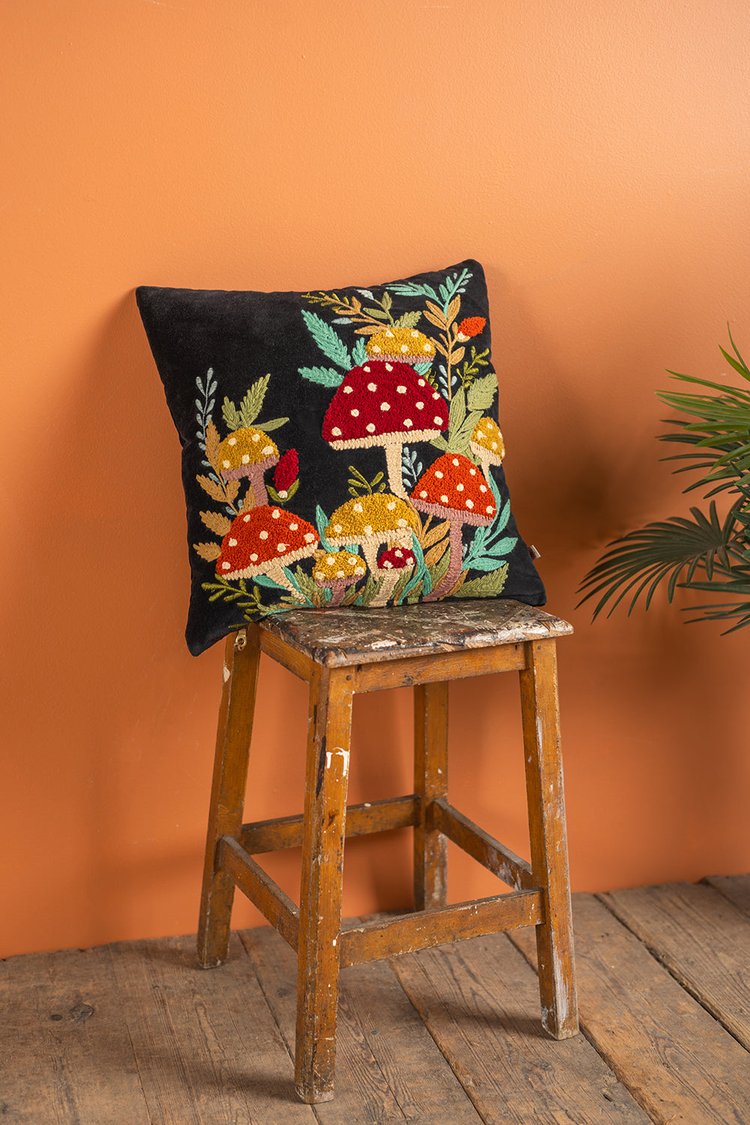 Artisan Black Embroidered Fly Agaric Toadstool Cushion