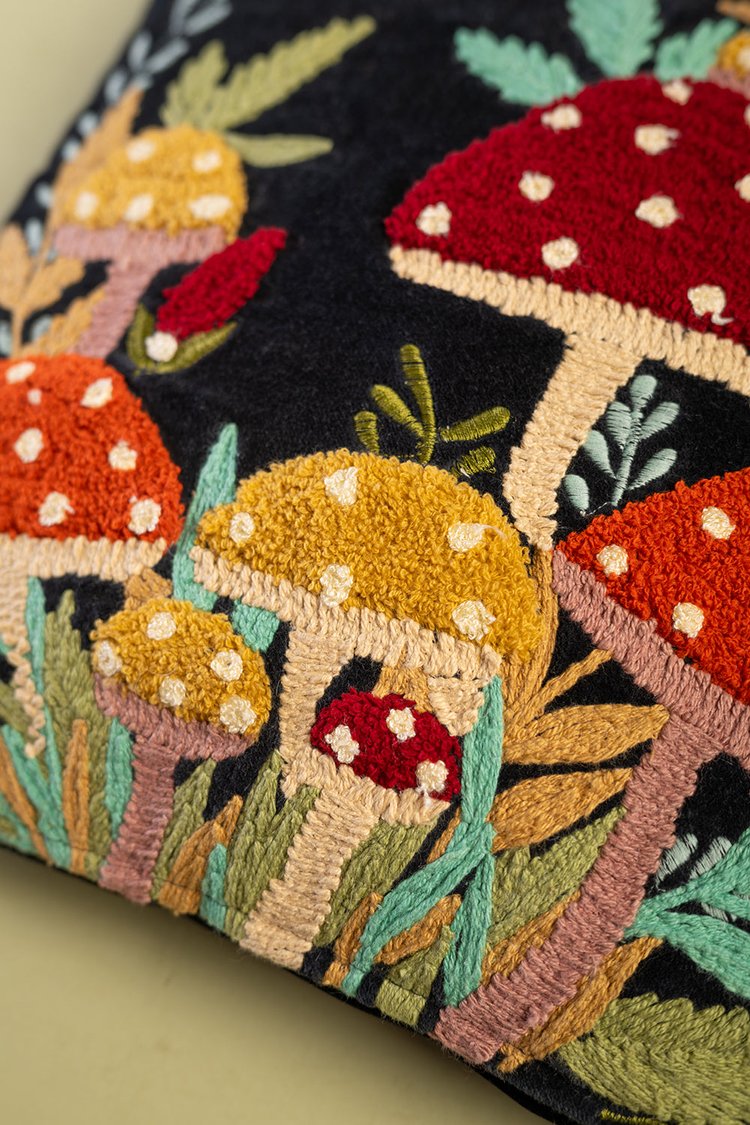 Artisan Black Embroidered Fly Agaric Toadstool Cushion