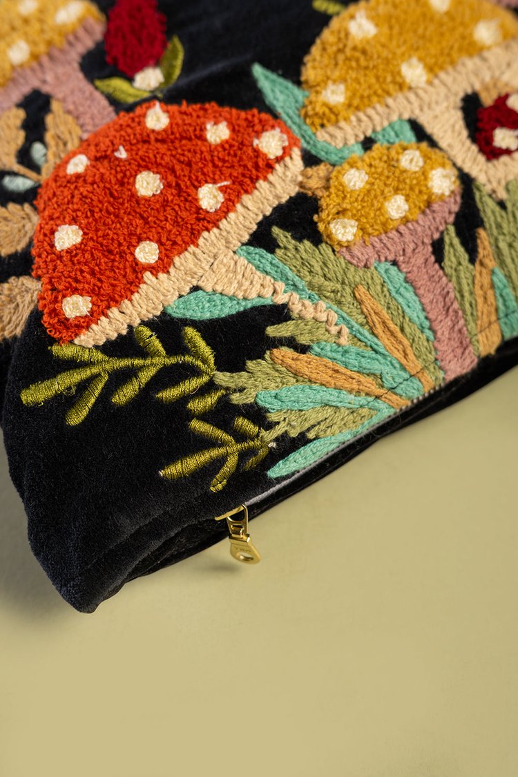 Artisan Black Embroidered Fly Agaric Toadstool Cushion