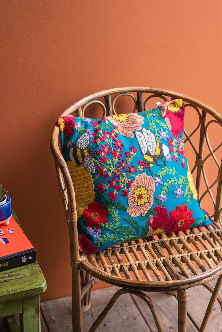 Artisan Embroidered Wild Flowers & Bee Cushion