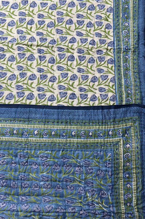 Hand Block Print Organic Cotton Reversible Quilt Blue - Super King