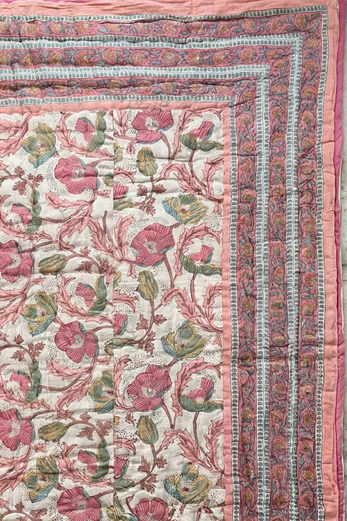 Hand Block Print Organic Cotton Reversible Quilt Pink - Super King