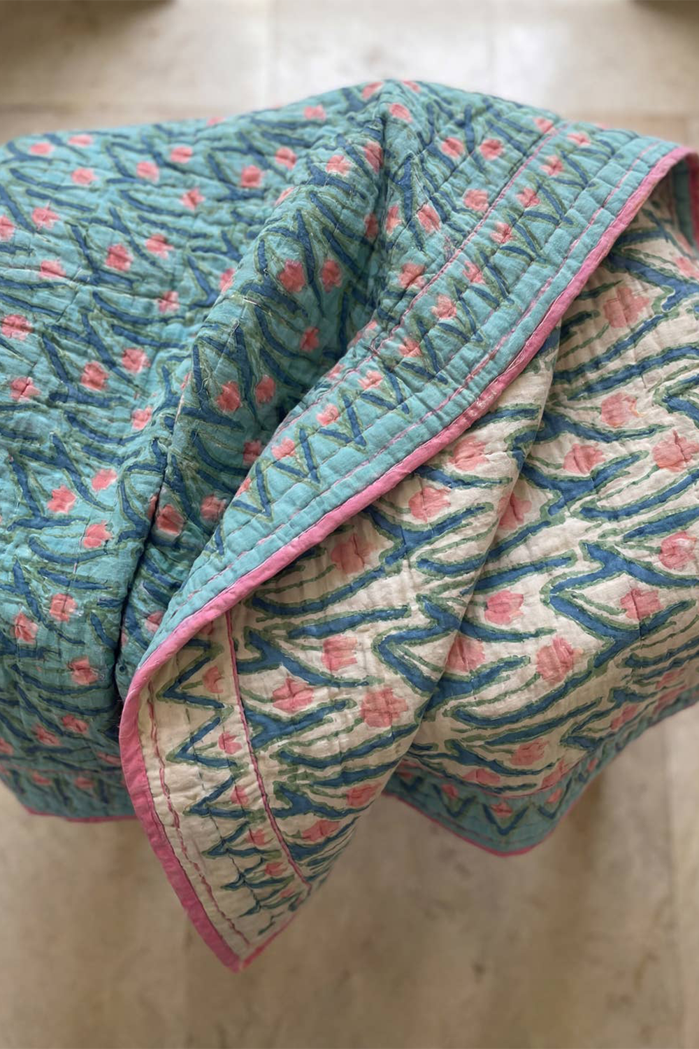 Hand Block Print Organic Cotton Reversible Quilt Teal - Super King