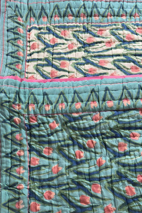 Hand Block Print Organic Cotton Reversible Quilt Teal - Super King