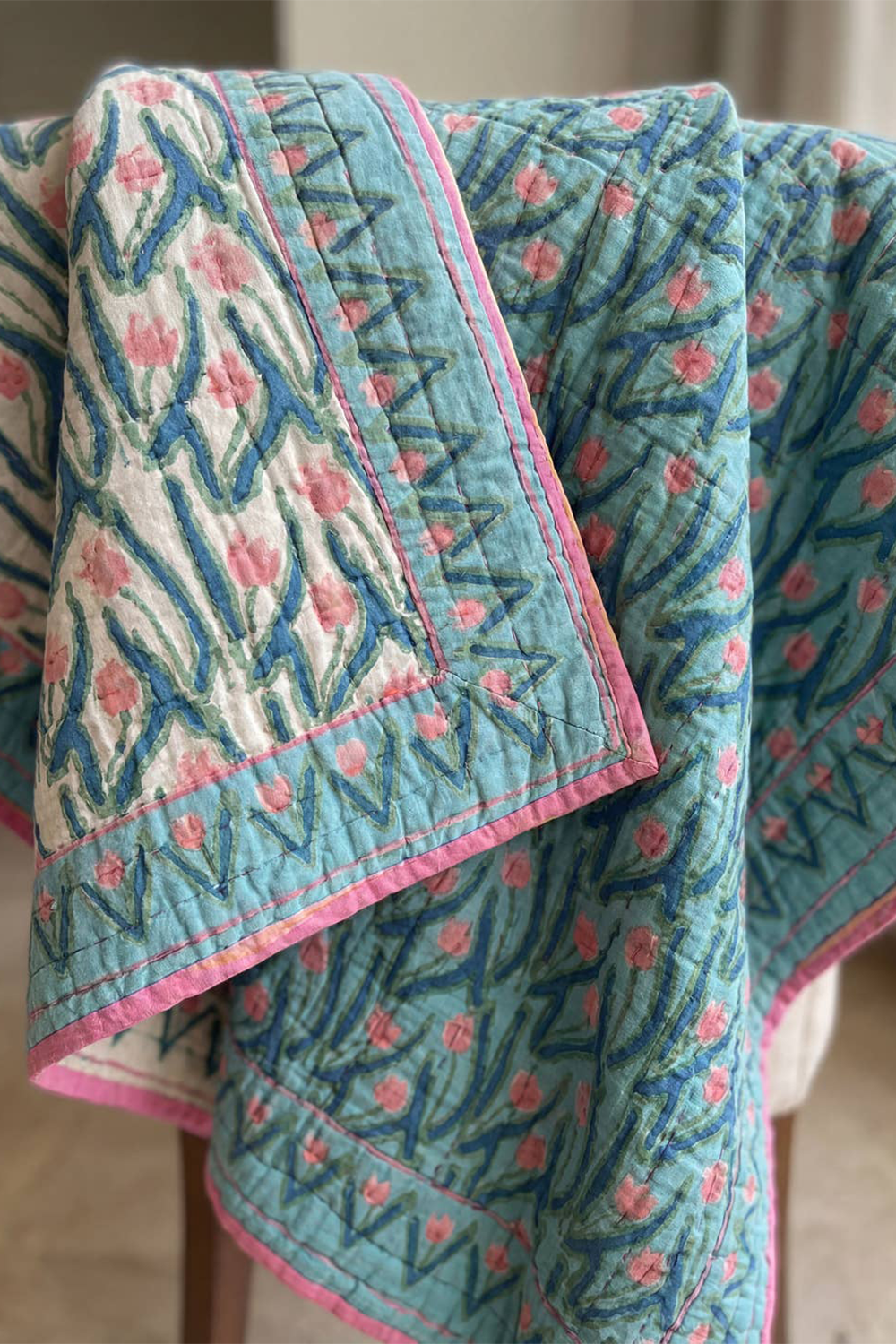 Hand Block Print Organic Cotton Reversible Quilt Teal - Super King