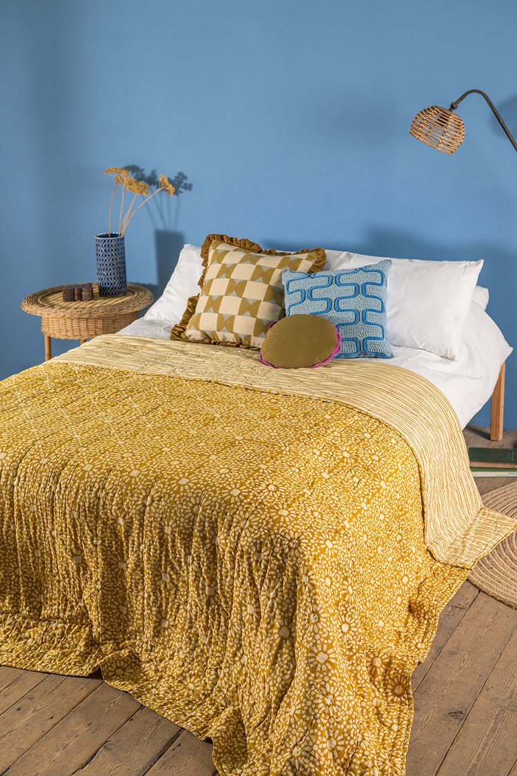 Mustard Hand Block Print Cotton Reversible Quilt