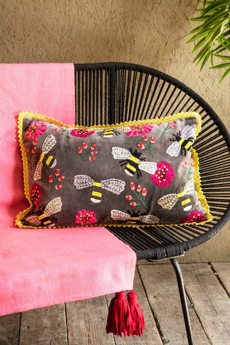 Artisan Embroidered Honey Bee Fringe Cushion