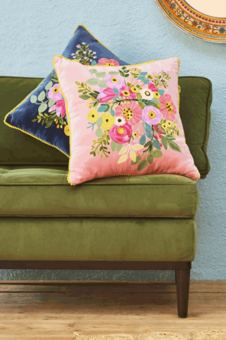 Artisan Embroidered Velvet Flower Cushion