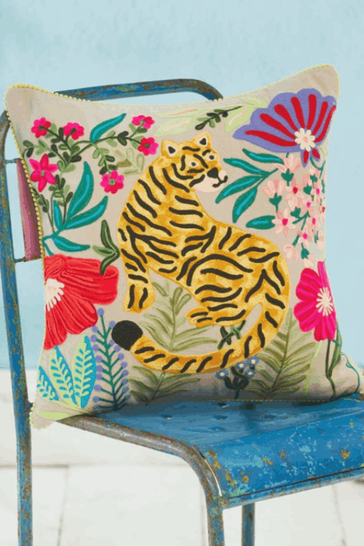 Artisan Embroidered Tiger Cushion