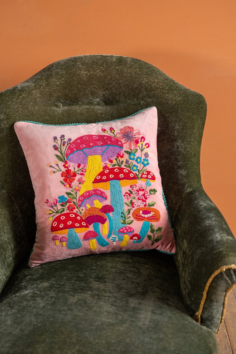 Artisan Embroidered Velvet Toadstools Cushion