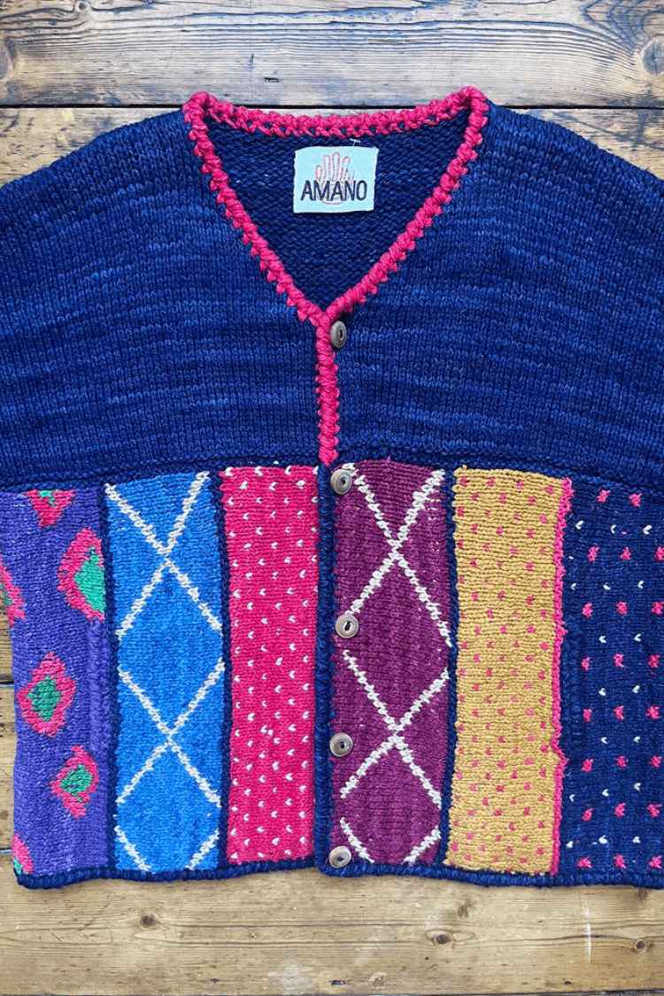 Preloved Vintage Amano V-Neck Cardigan Navy Hand Knitted 100% Wool