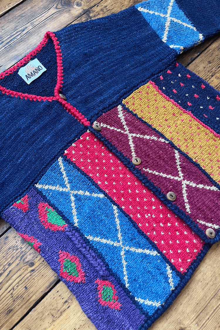Preloved Vintage Amano V-Neck Cardigan Navy Hand Knitted 100% Wool
