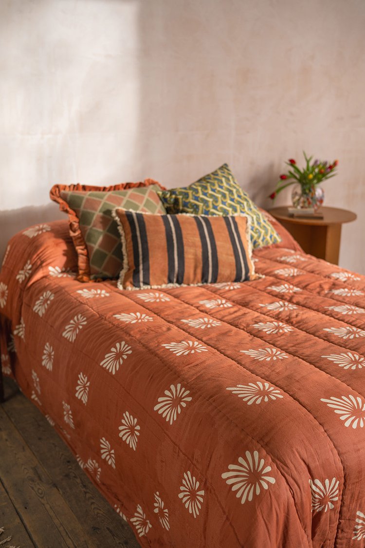 Terracotta Hand Block Print Cotton Reversible Quilt