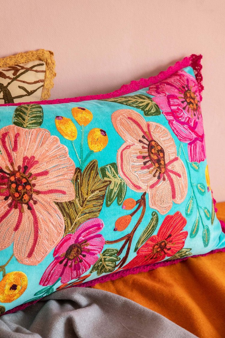 Artisan Embroidered Flower Cushion