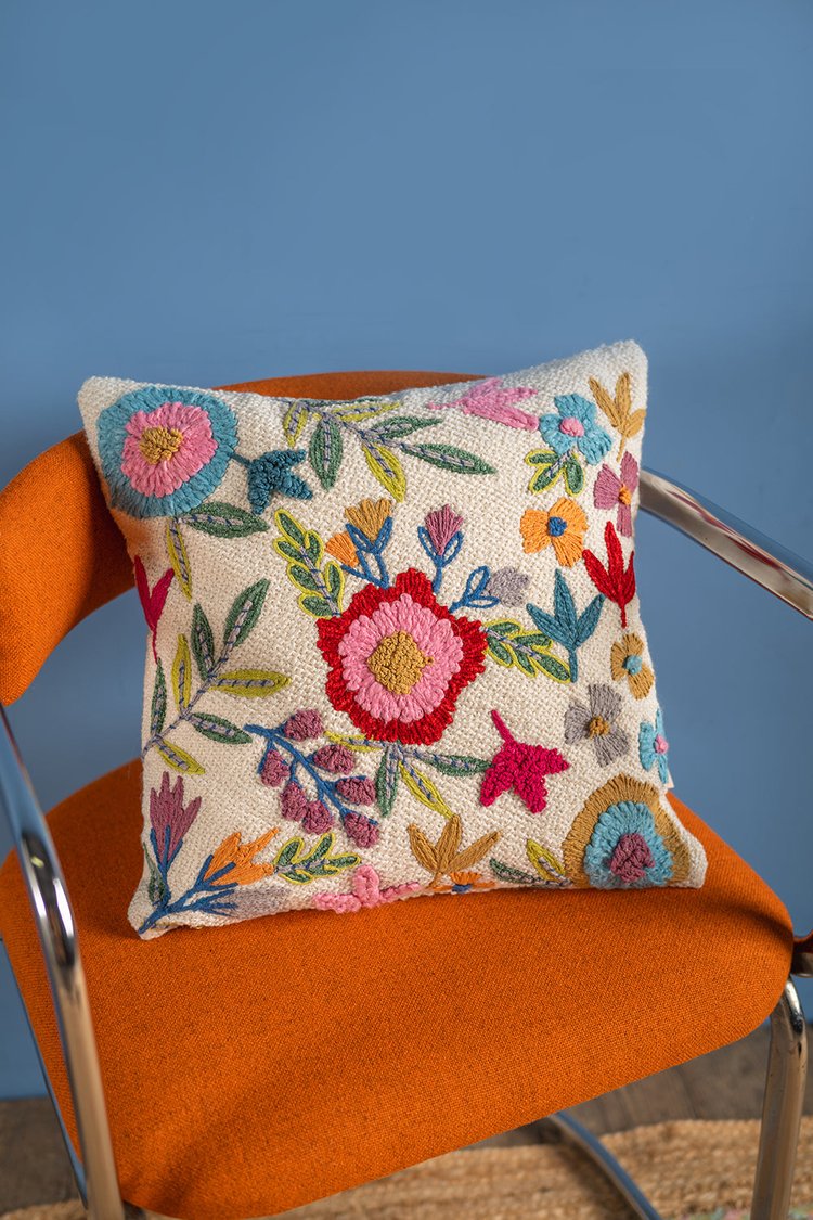 Artisan White Embroidered Floral Cushion